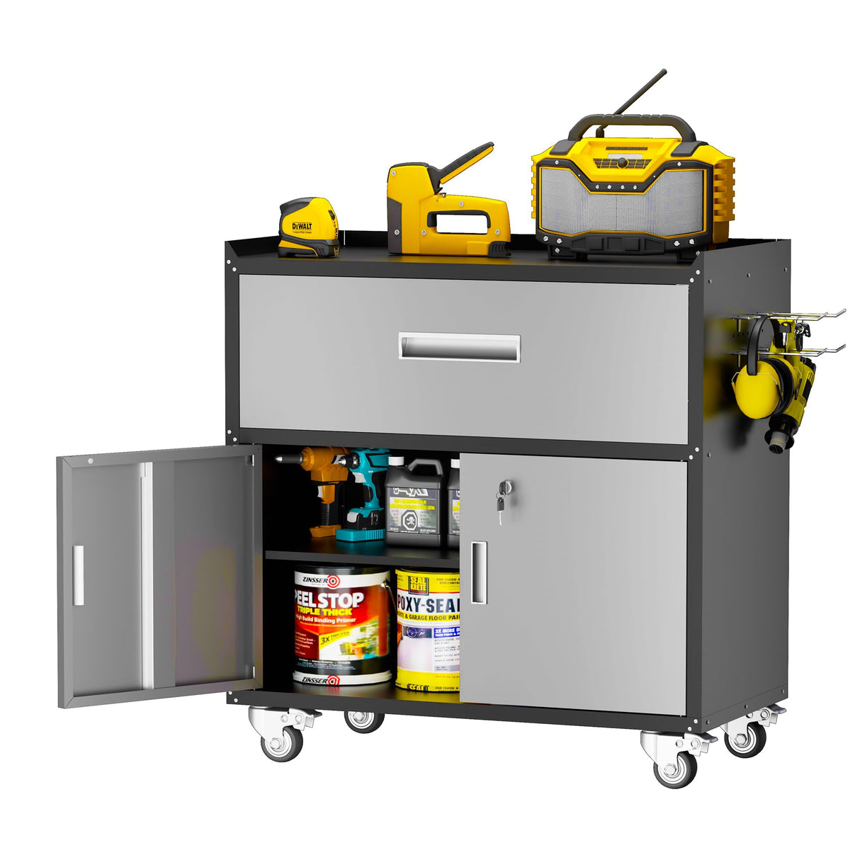 LCAOPC Metal Garage Storage Cabinet with Wheels, Lockable Rolling Tool Chest with Wheels, Tool Cabinet on Wheels, Utility Cabinet for Home, Office, Garage and Workshop, Black & Gray LCAOPC