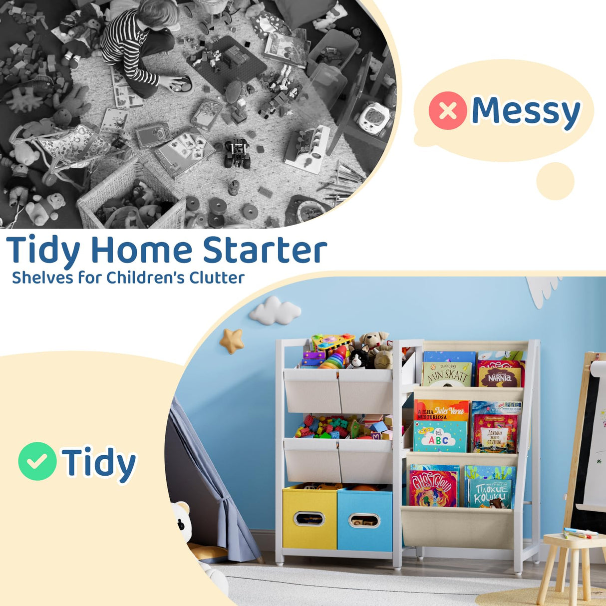 LATIBELL Kids Bookshelf Toy Storage Organizer - Book Shelf for Kid Rooms, 6 Toy Bins for Kid Organizer and 3 Sling Kids Bookcase, Toddler Baby Montessori Nursery Bookshelf Childrens Book Rack Display LATIBELL