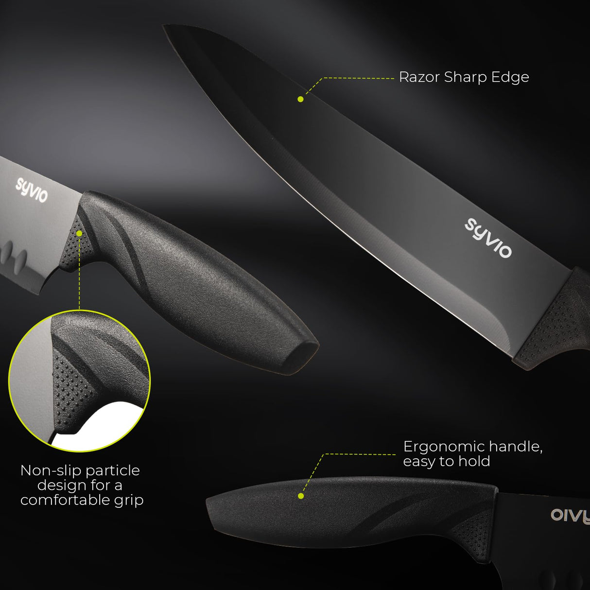 syvio Knife Set, 21pcs Utility Knife Sets for Kitchen with Block and Sharpener, Razor-Sharp, Effortless Sharpening, Premium Kitchen Knives with 6 pcs Kitchen Utensils Set and Utensil Holder, Black syvio