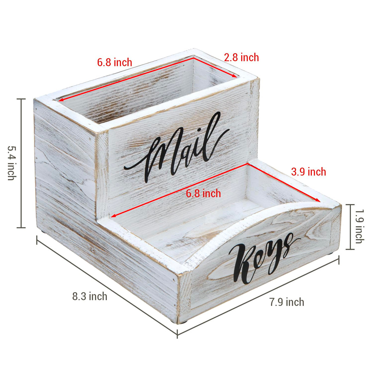MyGift Shabby Whitewashed Solid Wood Mail Holder and Key Organizer Entryway Storage Tray with Cursive Mail and Keys Word Design, Office Desktop Organizing Bin MyGift