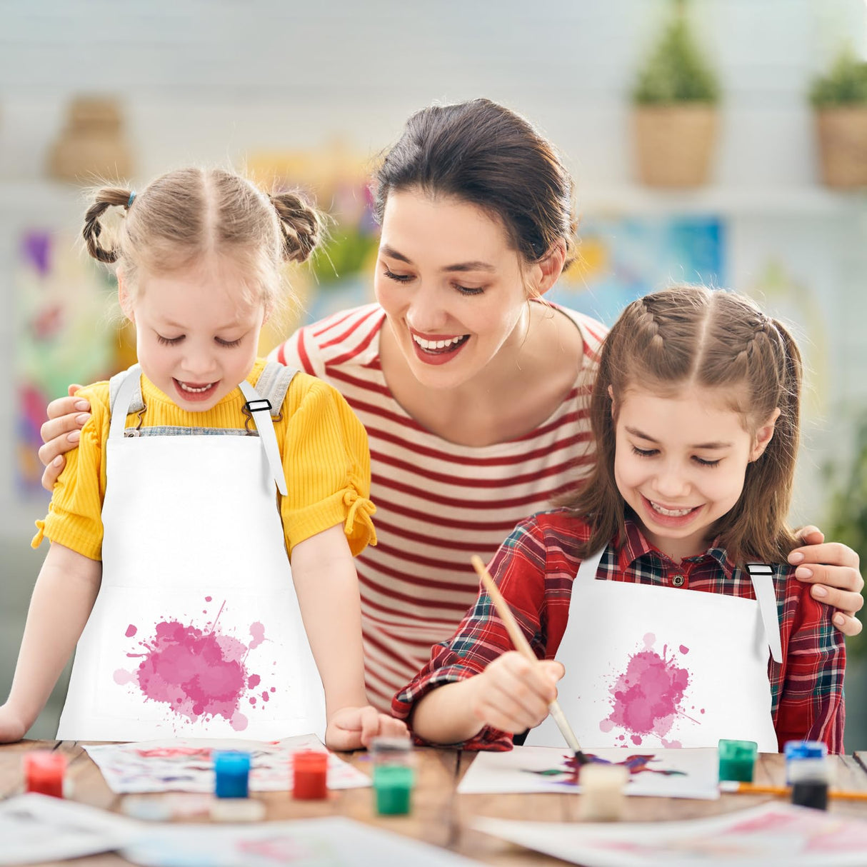 BOUBONI 6 Pack Kids Apron bulk with 2 Pockets Adjustable Chef Art Apron Kids Painting Aprons for Cooking Baking Painting Crafting Grilling Activity(White) BOUBONI