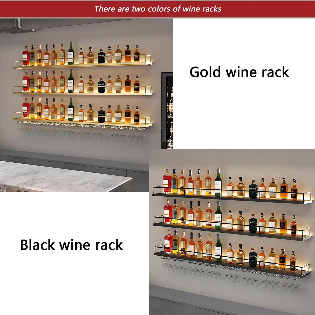 71in Wall-Mounted Metal Wine Rack with LED Lights 3-Tier Floating Bar Shelves with Wine Glass Rack Large Wine Bottle Display Rack Hanging Shelf, for Home Bar Dining Room Decorative (black, 180cm/71in) Dawselod