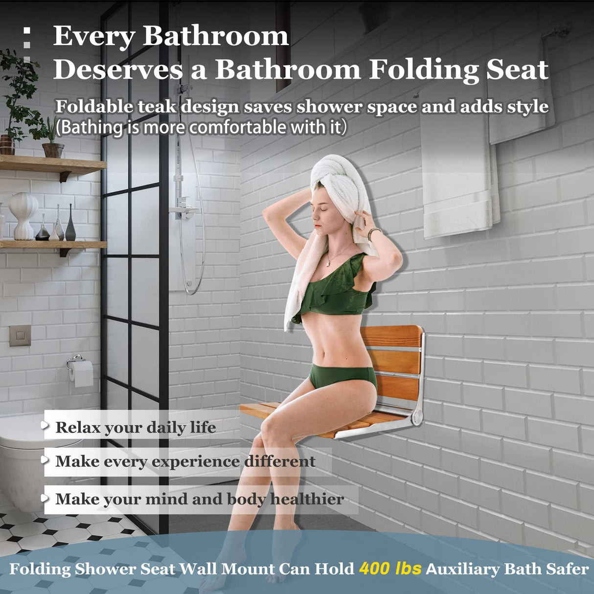 Folding Teak Shower Seat Wall Mounted,Fold Down Shower Seat,Foldable Shower Bench,Home Care Teak Shower Seat Bench for Inside Shower,Folding Shower Seat Bench,Wall Mount Shower Seat for Christmas Flngr