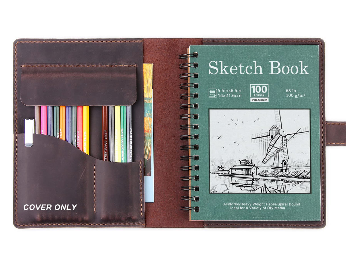 Robrasim Handmade Leather Sketchbook Cover, Leather Artist Sketch Pad Cover for 5.5" x 8.5" Sketchbook, Drawing Book and Pencil Case, Journal Notebook Portfolio, Artis Gifts-Coffee Robrasim