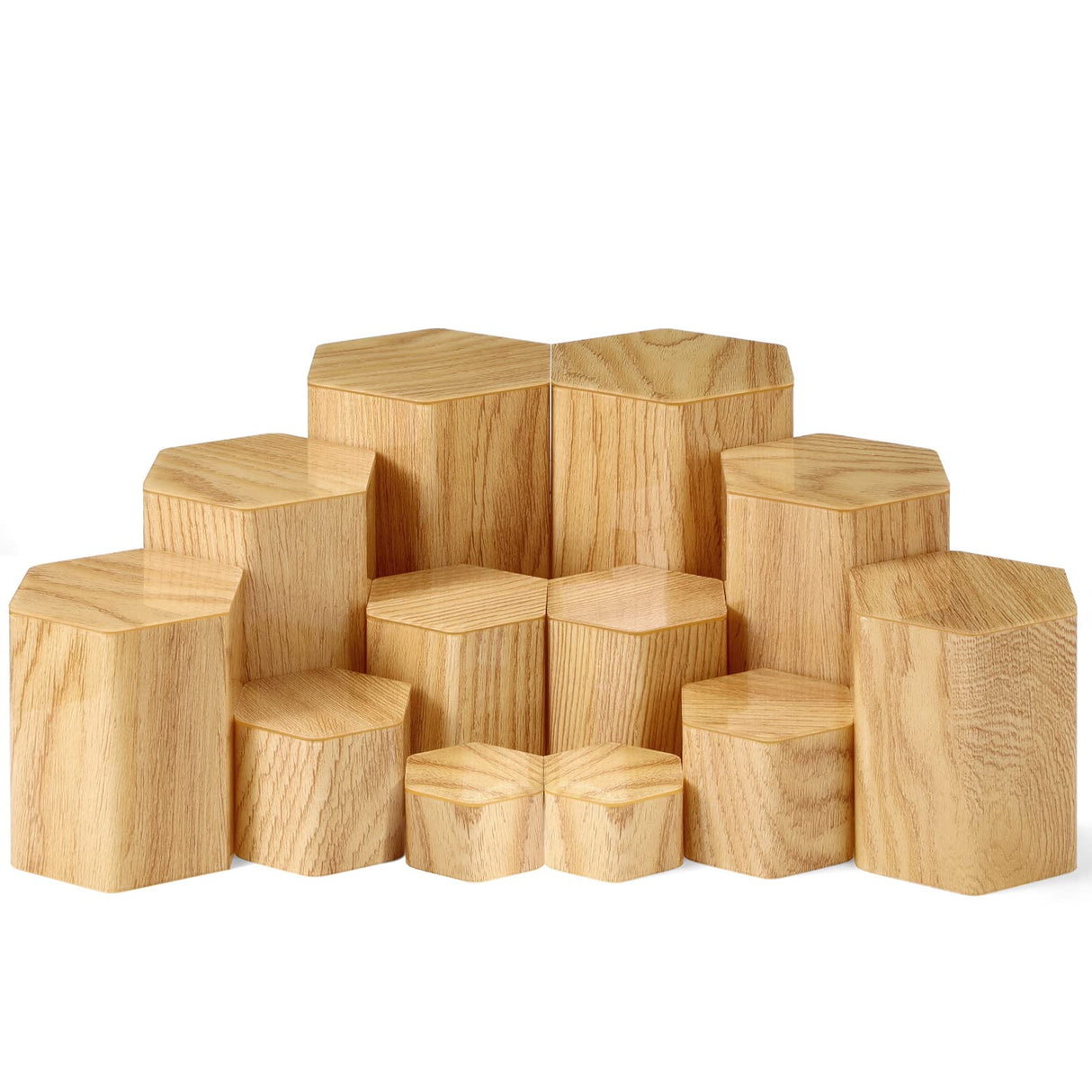 Jetec Hexagonal Jewelry Display Risers Hexagonal Market Display Risers Stands Acrylic Showcase Acrylic Stand for Jewelry Model Figures Decoration, 6 Sizes(Woodgrain,12 Pieces) Jetec