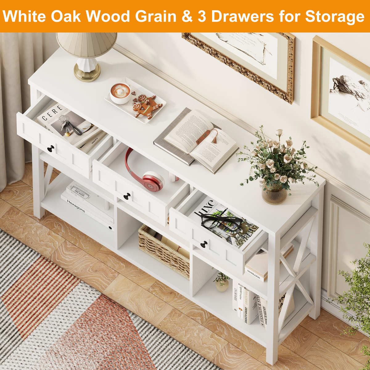 FATORRI 6 Cube Storage Bookshelf with 3 Drawers, Long Horizontal Bookcase, Modern Cubby Organizer Shelf (White Oak, 47 Inch) FATORRI