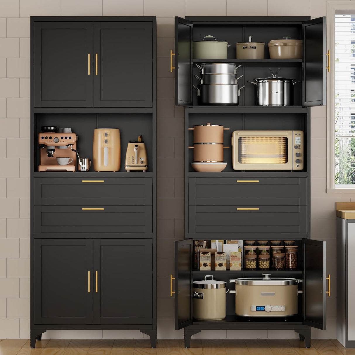 steelftyn 75" Pantry Storage Cabinet, Metal Cupboard with 2 Drawers, Tall Cabinet with 4 Doors and 2 Adjustable Shelves, Kitchen Storage, Cupboard for Dining Room, Living Room, Black steelftyn
