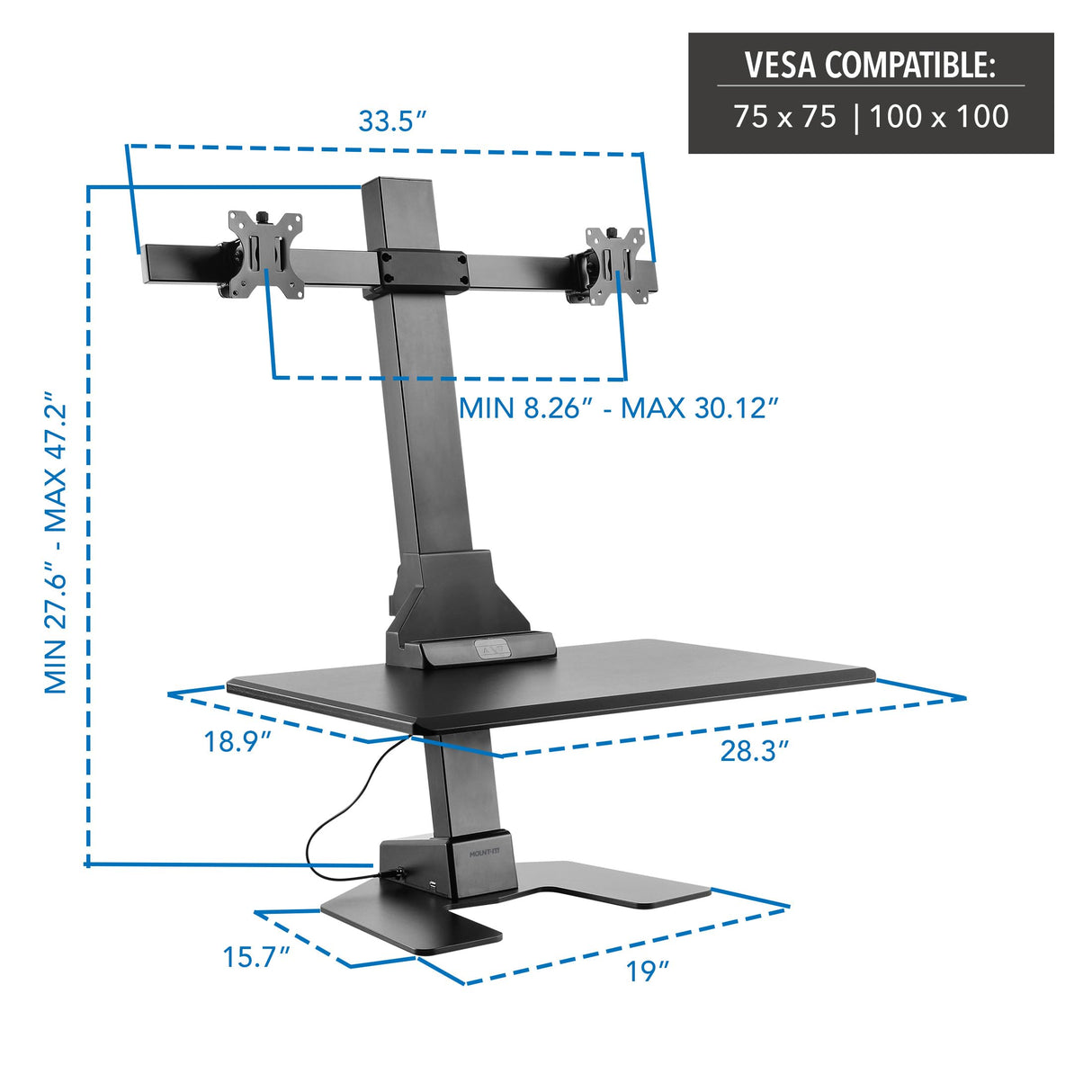Mount-It! Double Monitor Electric Standing Desk Converter - 2 Screens Stand Up Desk Riser - Height Adjustable Desktop & 2 Mounts for Screens up to 32", Sit-Stand Convertor for Home, Office, School Mount-It!