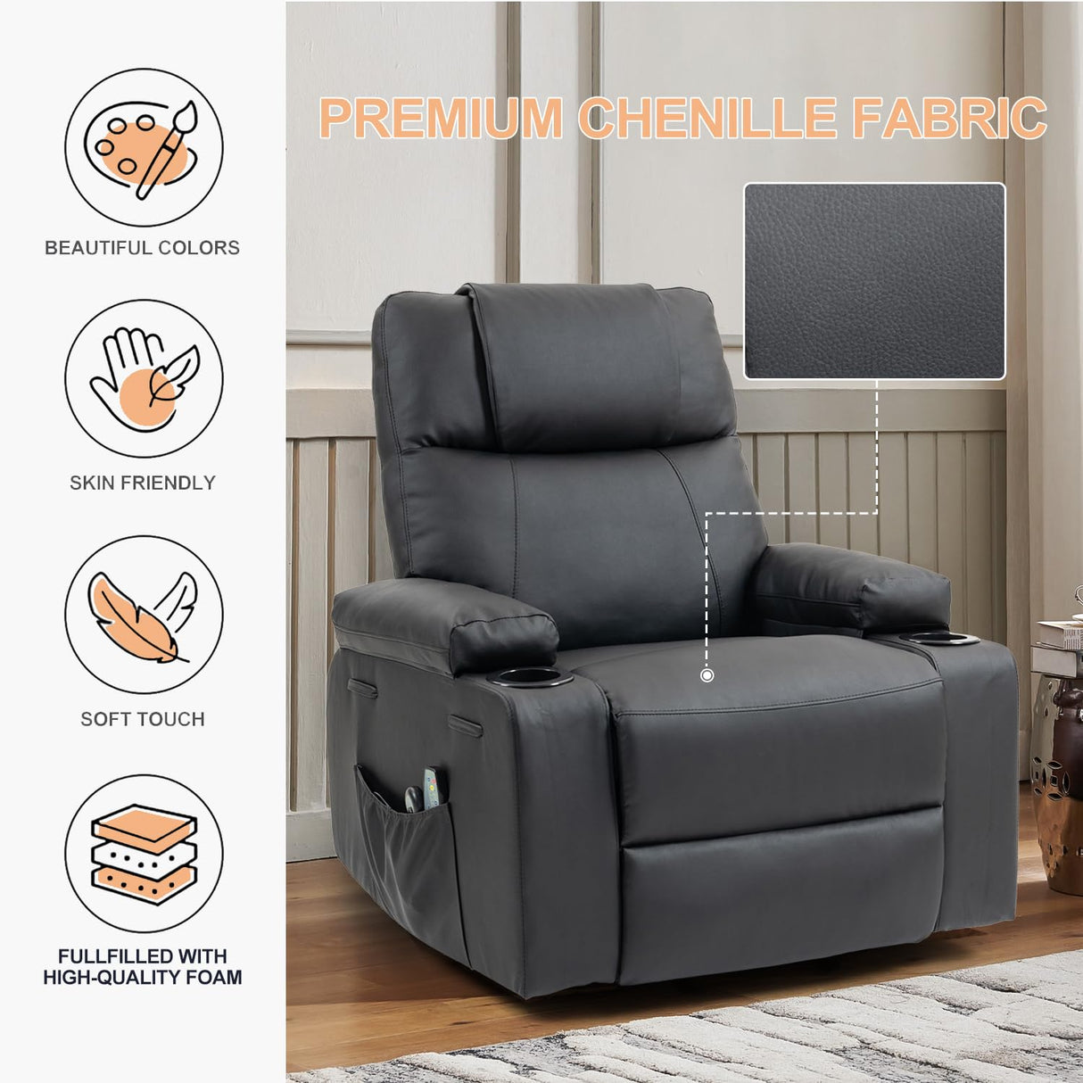 Power Lift Recliner Chair for Elderly, Electric Stand Assist Reclining Chair with Massage and Heat Function, Leather Living Room Furniture, Comfy Single Sofa with Cup Holders, Side Pockets, Black BRTHORY