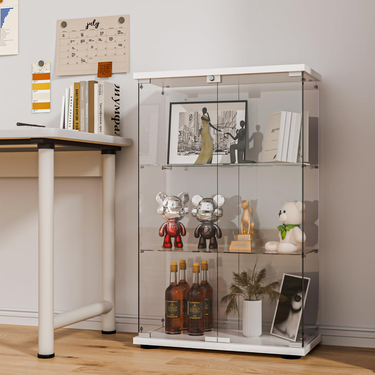FANYUSHOW Glass Display Cabinet with Double Door and Lock, Quick-Install Style 3-Shelf Curio Cabinet 5mm Tempered Glass Floor Standing Bookshelf for Living Room, Bedroom, 49" H x 32''L x 14''W (White) FANYUSHOW