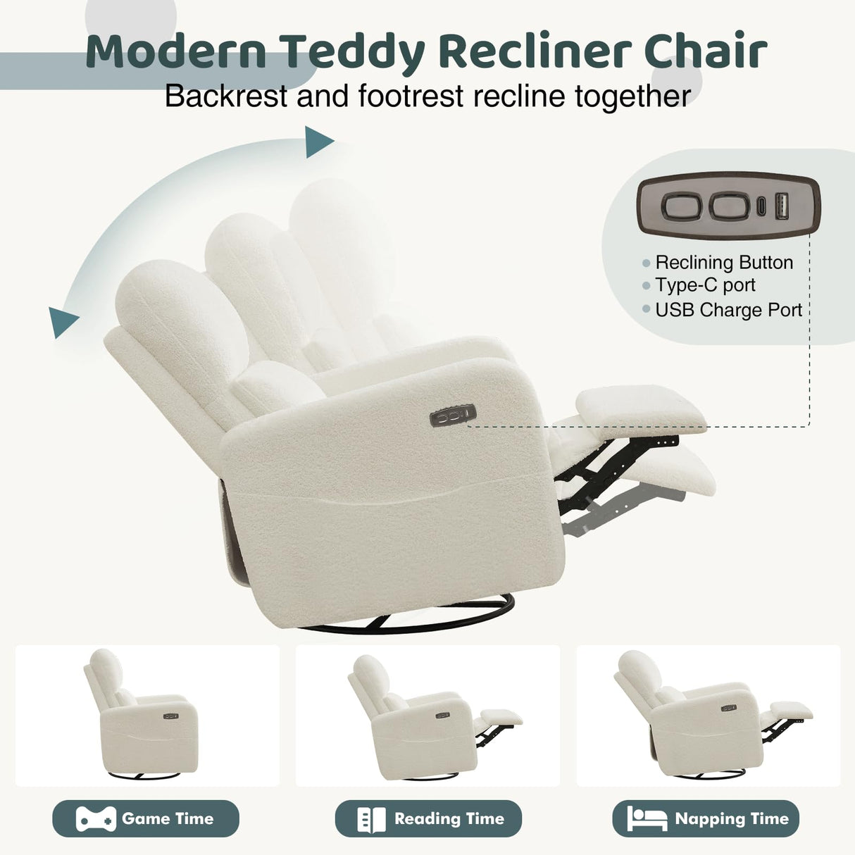 AEMEIOS Power Swivel Rocker Recliner, Oversized Boucle Nursery Glider Recliner, Swivel Rocking Reclining Chair with Removable Cushion and Lumbar Support for Nursery Living Room Bedroom, Teddy White AEMEIOS