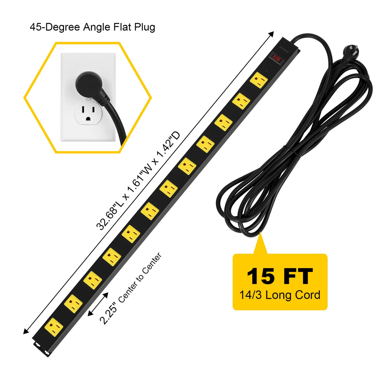 SURAIELEC 12 Outlet Long Metal Power Strip, 15 FT Cord Surge Protector, Angled Flat Plug, Wide Spaced Outlet Power Bar, 15A Breaker, Wall Mountable, Industrial Heavy Duty for Work Bench, Shop, Garage SURAIELEC