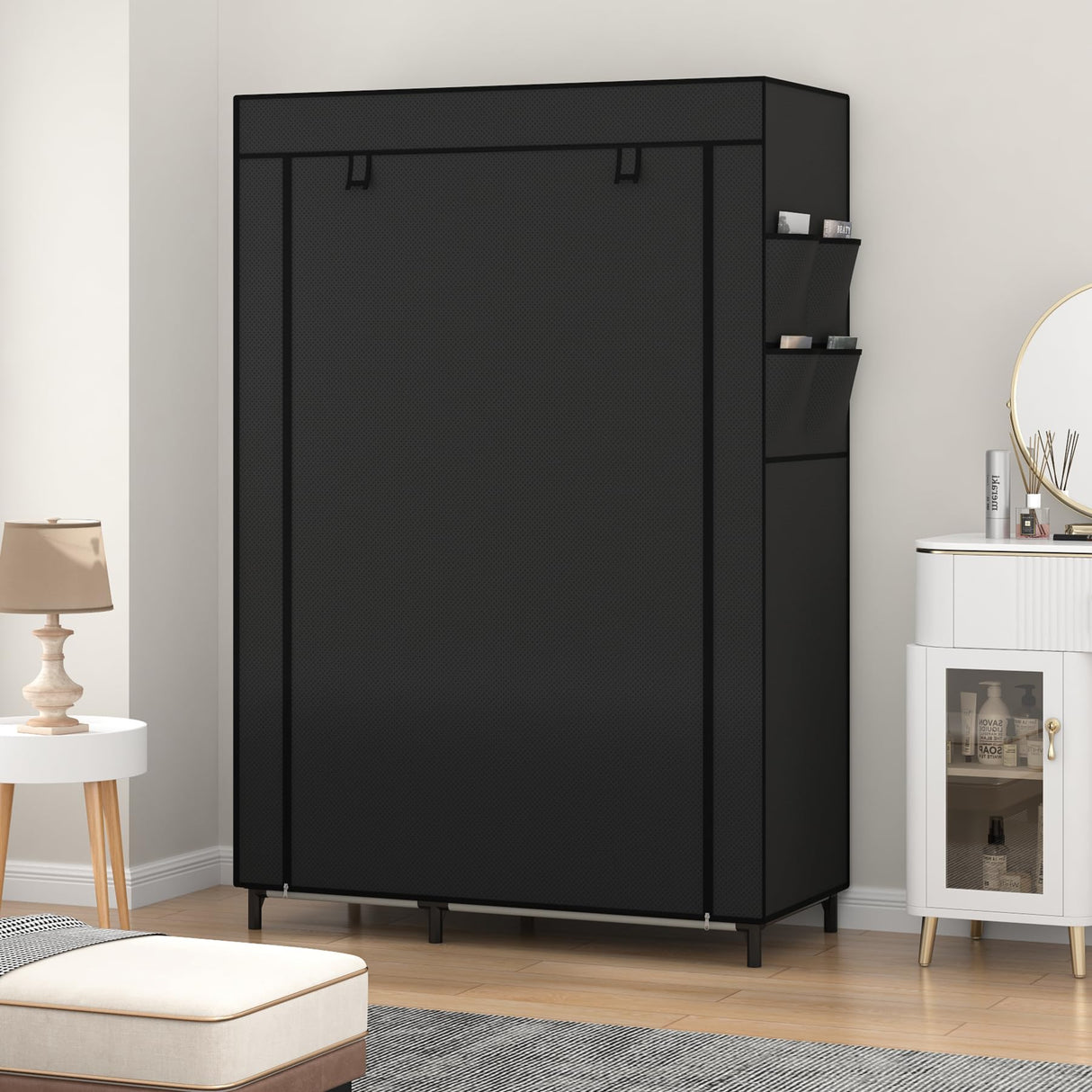 Calmootey Portable Closet Organizers, Clothing Storage, Wardrobe with 6 Shelves and Hanging Rod, Non-Woven Fabric Cover with 4 Side Pockets, Black Calmootey