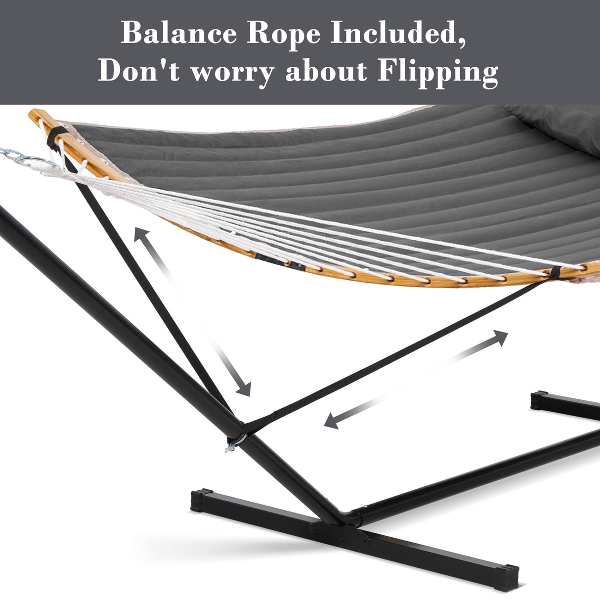 SUNCREAT Double Portable Hammock with Stand, 2 Person Hammock with Curved Spreader Bar, Balance Ropes Included, Dark Gray SUNCREAT