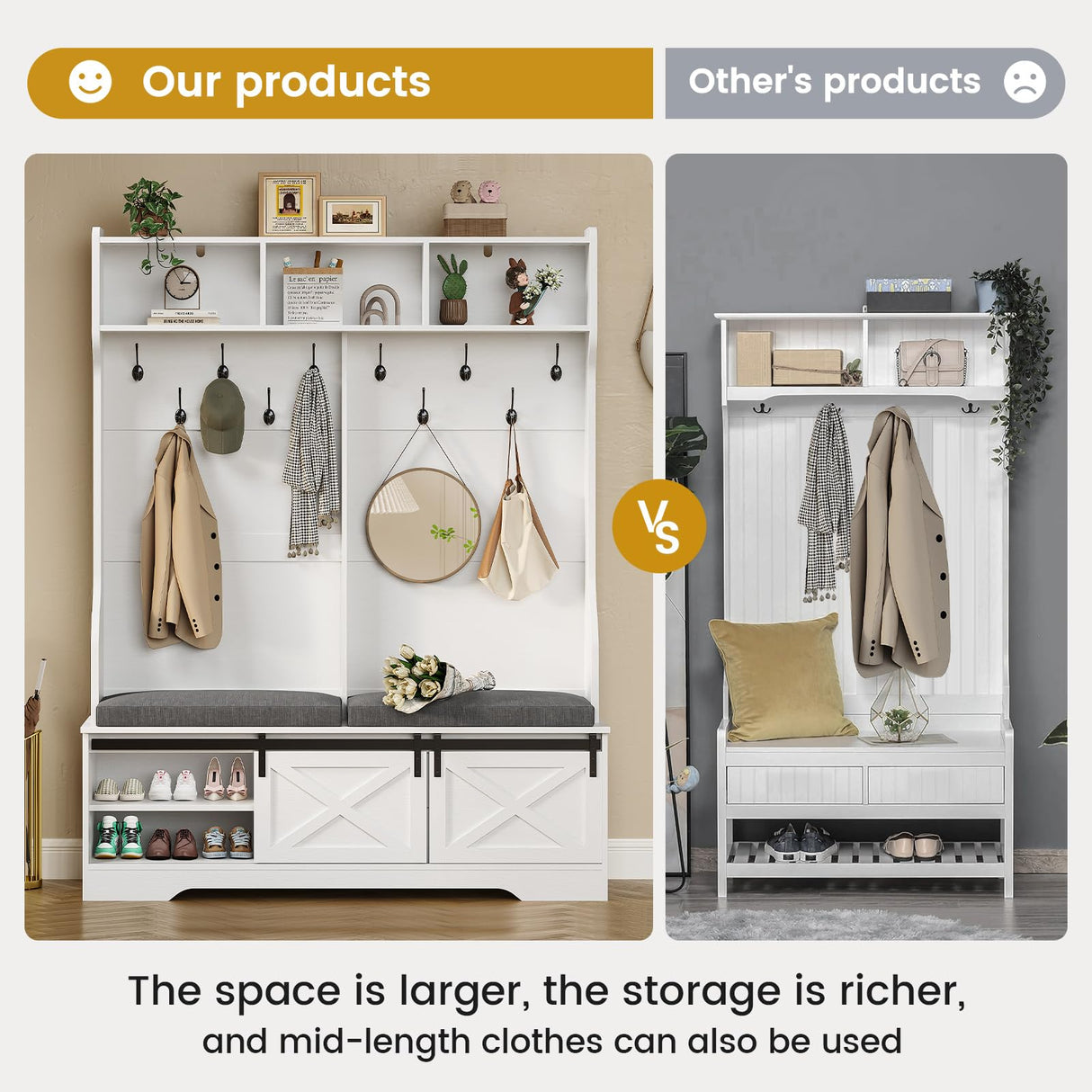 UPOSOJA Hall Tree with Bench and Shoe Storage, Entryway Bench with Coat Rack, Modern Farm House Barn Door 3-in-1 Hall Tree with Storage Cushioned Bench Stool and Hooks for Hallway, Living Room (60IN) UPOSOJA