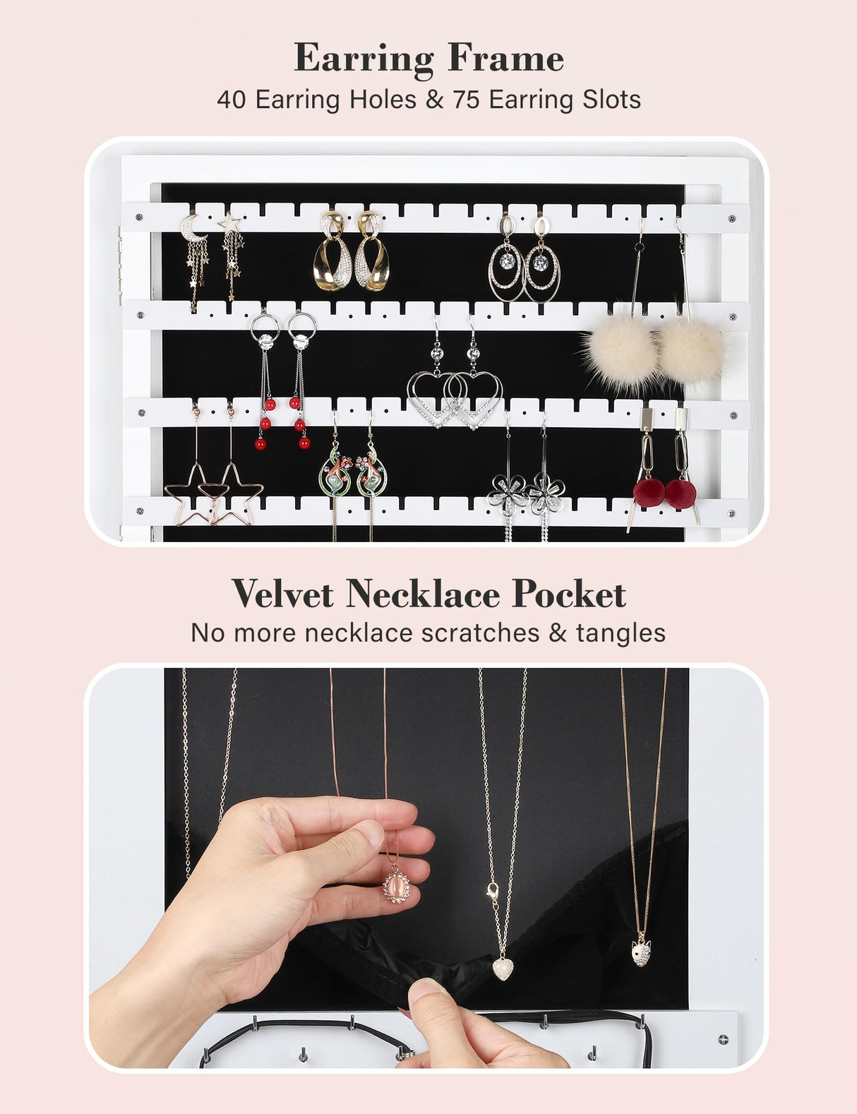 Nicetree Jewelry Cabinet Armoire with 2 Drawers, Lockable Standing Jewelry Mirror Cabinet, Full Length Mirror with Jewelry Storage, White Nicetree