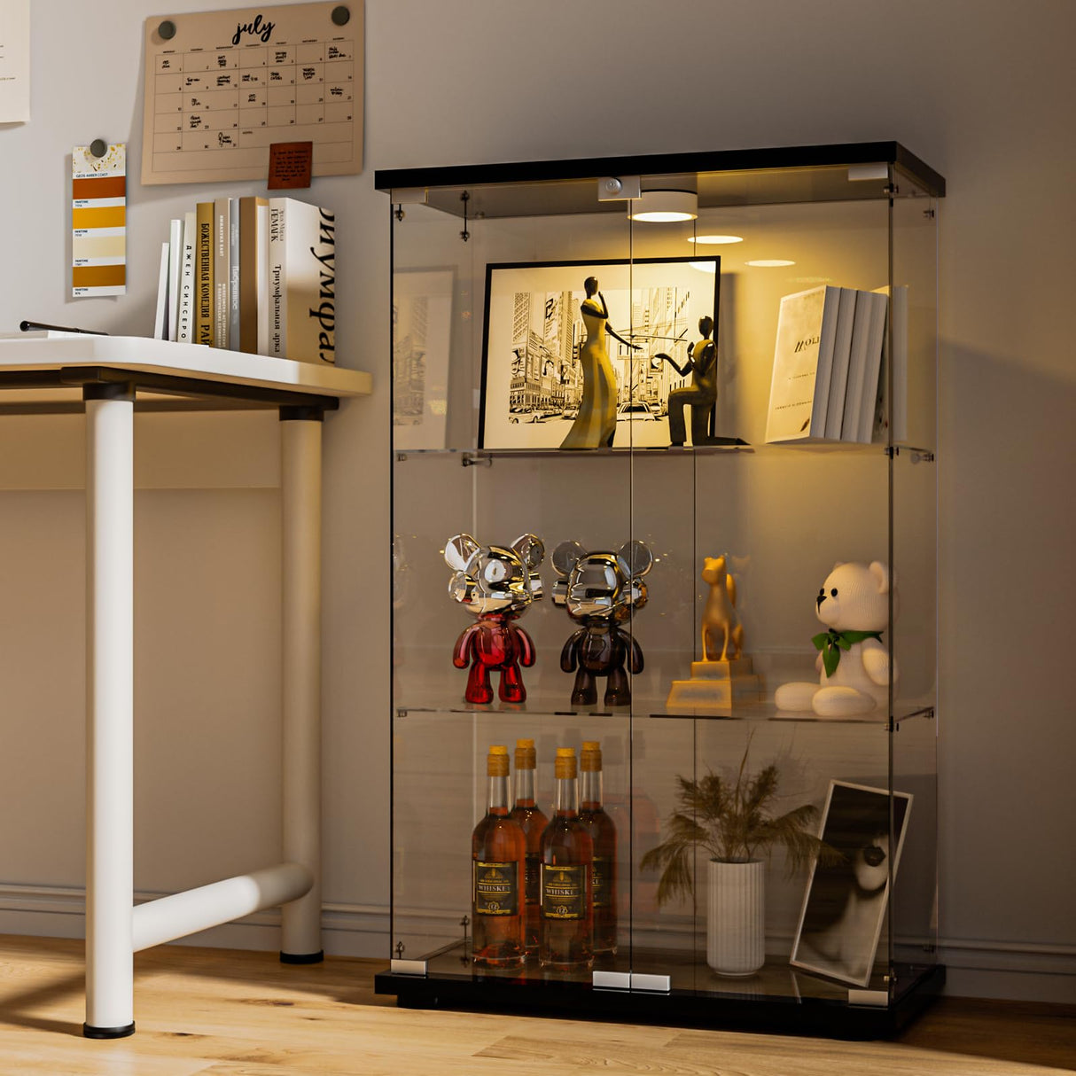 FANYUSHOW Glass Display Cabinet with LED Light, 2 Doors and Lock, Quick-Install Style 3-Shelf Curio Cabinet 5mm Tempered Glass Bookshelf for Living Room, Bedroom, 49" H x 32''L x 14''W (Black) FANYUSHOW