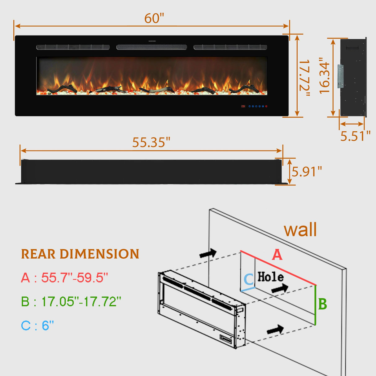 Kentsky 60 inches Electric Fireplace Inserts, Recessed and Wall Mounted Fireplace Heater, Linear Fireplace w/Thermostat, Remote & Touch Screen, Multicolor Flame, Timer, Logs & Crystal, 750W/1500W Kentsky