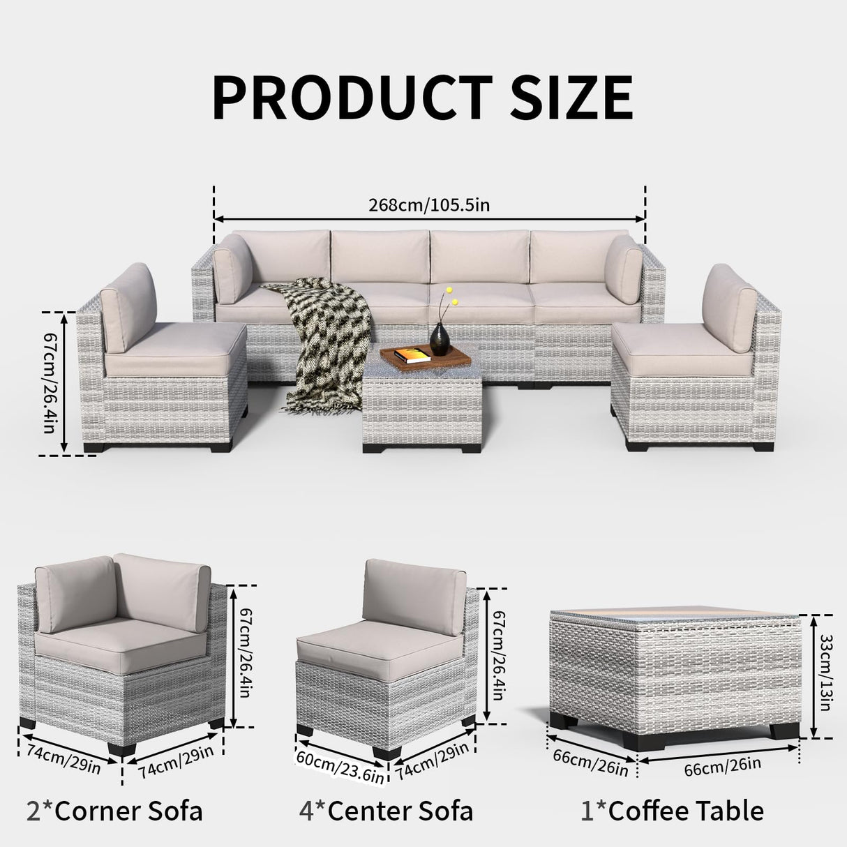 JMGJOY 7 Piece Patio Furniture Set, Rattan Outdoor Patio Conversation Sets, Outdoor Sectional Furniture with Cushion and Coffee Table, for Deck, Backyard, Garden, Field Gray JMGJOY