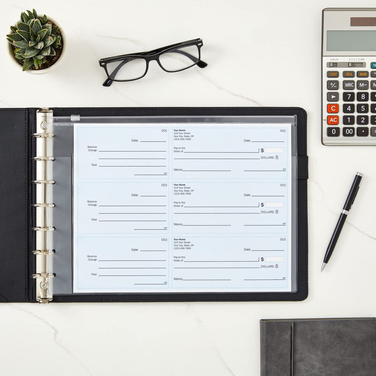 Juvale 7-Ring Business Check Binder for Checkbooks Organization, Financial Records, Personal and Corporate Use, Black Faux Leather Folder for 600 Checks (14 x 10 Inches) Juvale