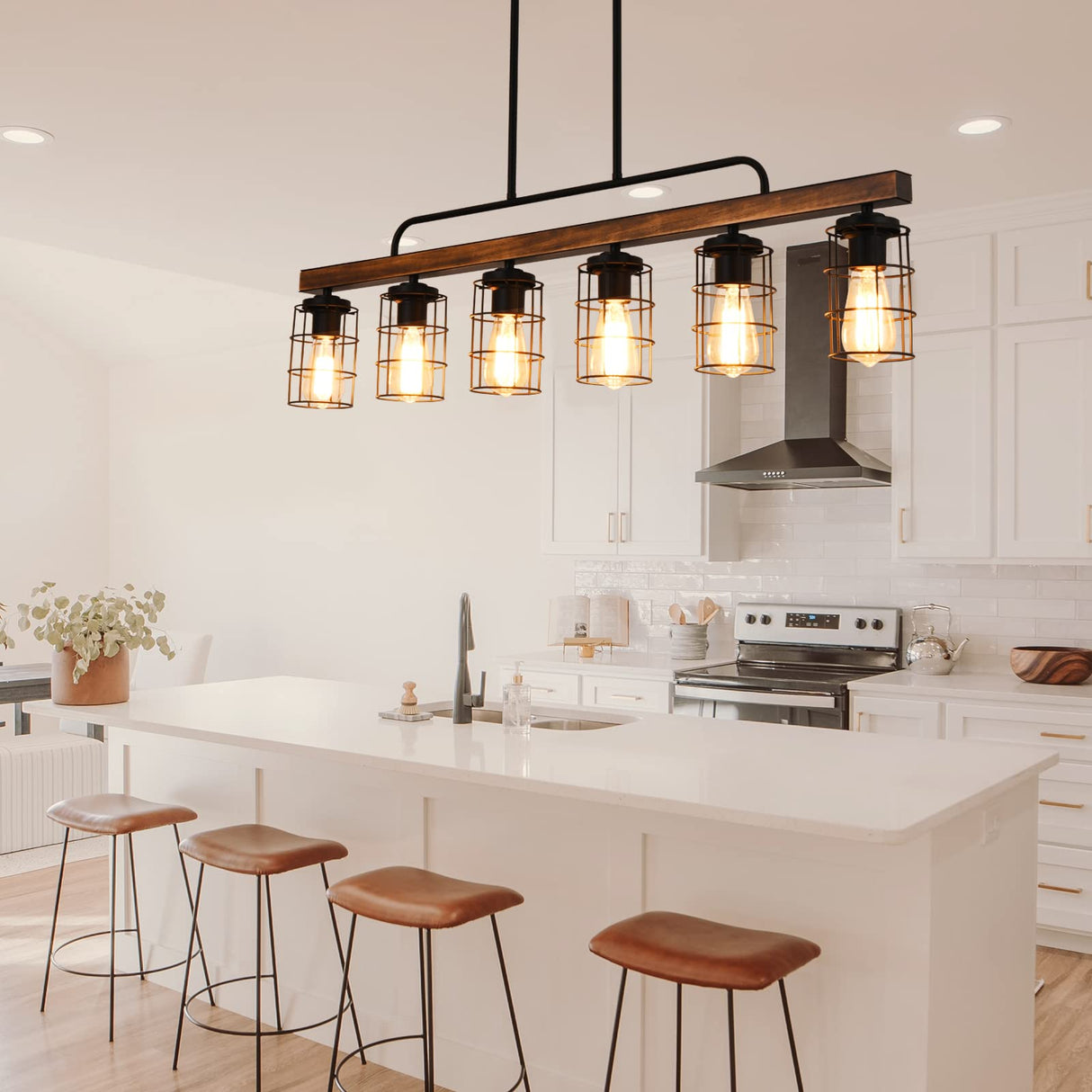 HOSENJOIN Island Lights for Kitchen,6-Light Dining Room Light Fixtures Over Table, Wood Linear Rustic Chandelier Pendant Lighting for Kitchen Island Dining table,Black 360W HOSENJOIN