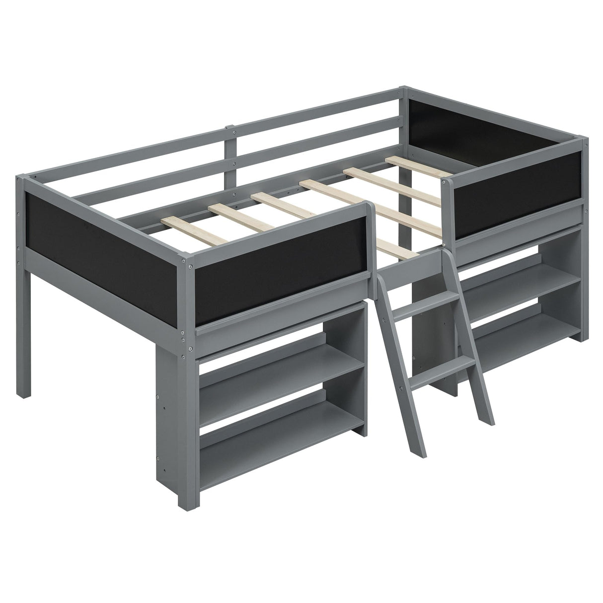 SOFTSEA Twin Size Low Loft Bed with Movable Shelves, Chalkboard, and Guardrail in Grey SOFTSEA
