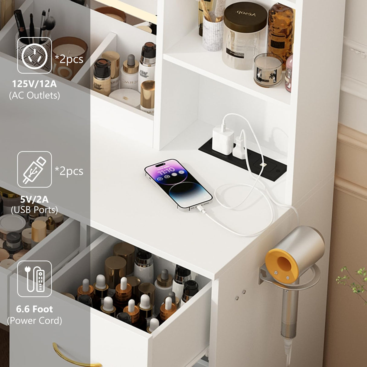 jiteentarou 47" Large Vanity Desk with Mirror and Lights, LED White Vanity Set with Stool and Power Outlet, Lighted Make up Vanity Desk with Drawers and 3 Lighting Modes for Women, Girls(White) jiteentarou