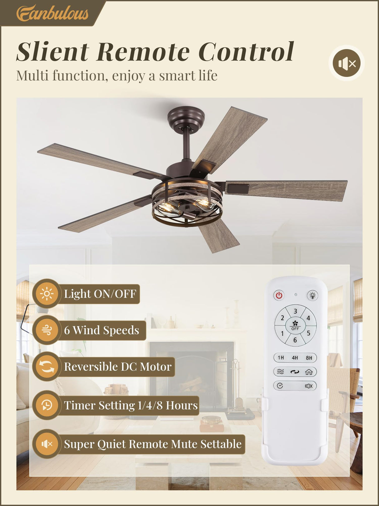 Farmhouse Ceiling Fans with Light, 48 Inch Bedroom Ceiling Fan with Lights, 6-Speed Adjustable, Quiet and Reversible DC Motor, 5 Dual Finish Blades, Rustic Caged Ceiling Fan,Oil Bronze Fanbulous