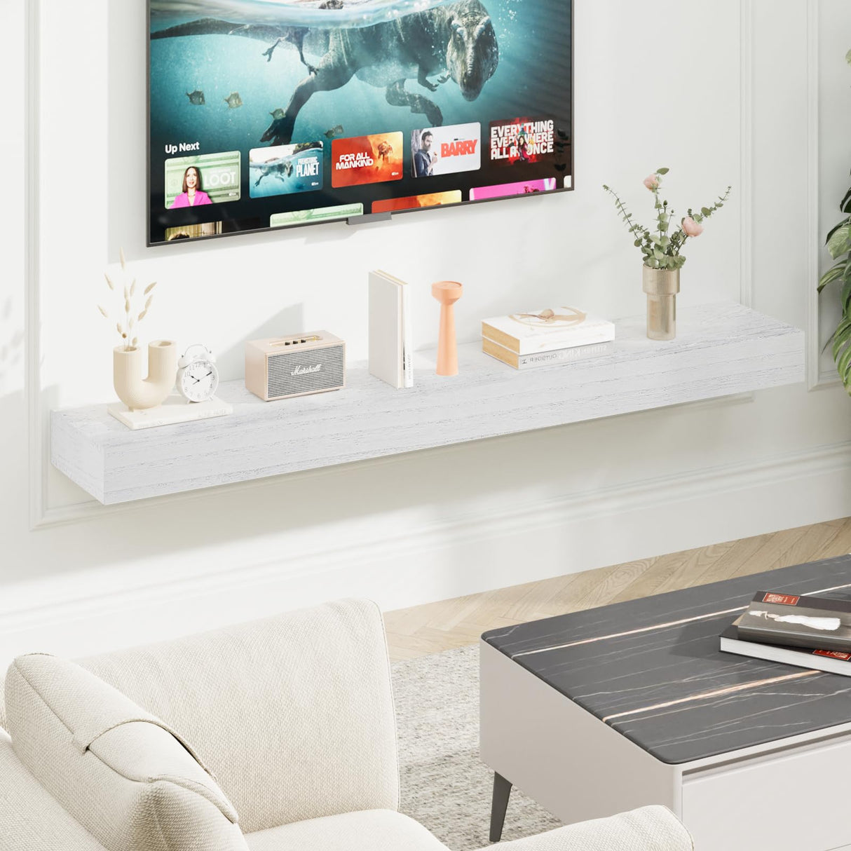 SAUMONIERES Fireplace Mantel Shelves 48 Inch Solid Wood Wall Mounted Long Floating Shelf Hollow, White SAUMONIERES