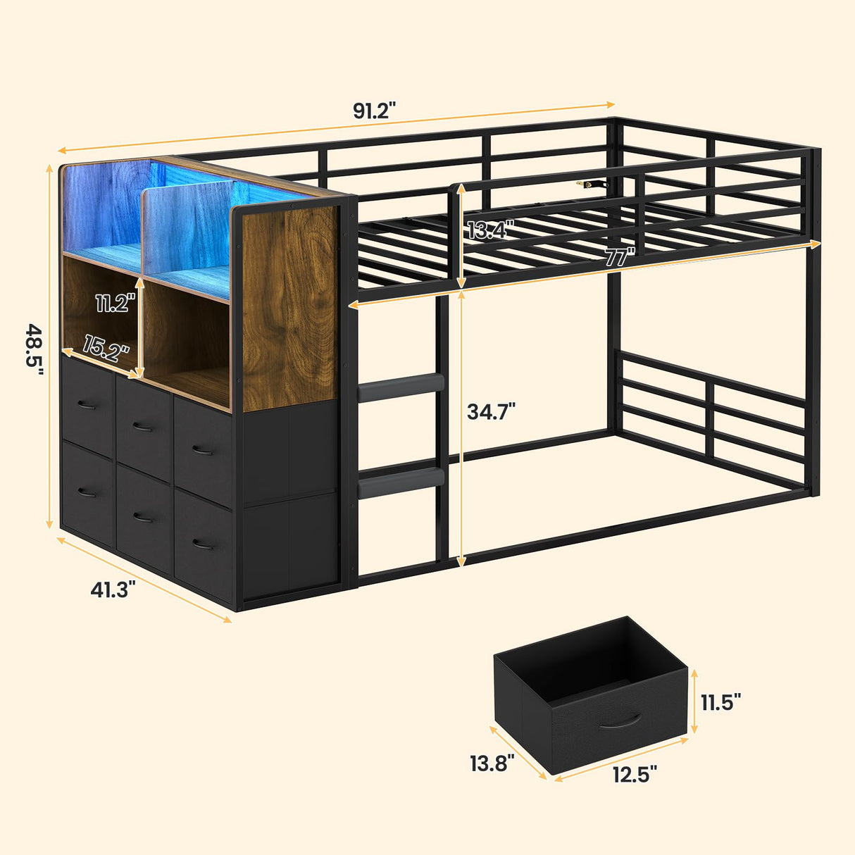 BTHFST Twin Over Twin Bunk Bed, Twin Bunk Beds with Storage & LED Lights, Metal Space Saving Low Bunk Bed with Safety Ladder and Guardrail BTHFST