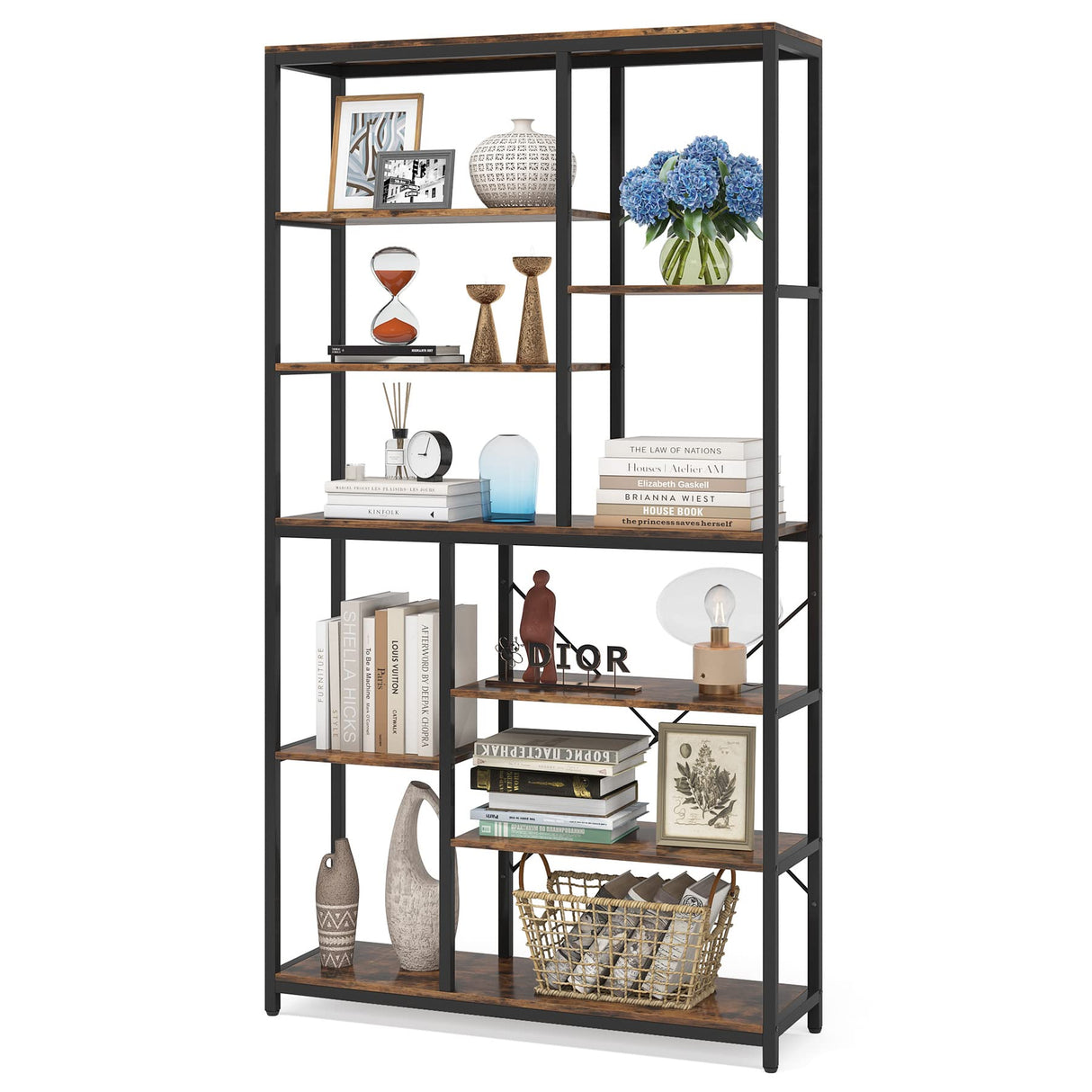 Tribesigns 79-Inch Tall Staggered 8-Tier Bookshelf in Black & Rustic Finish Tribesigns