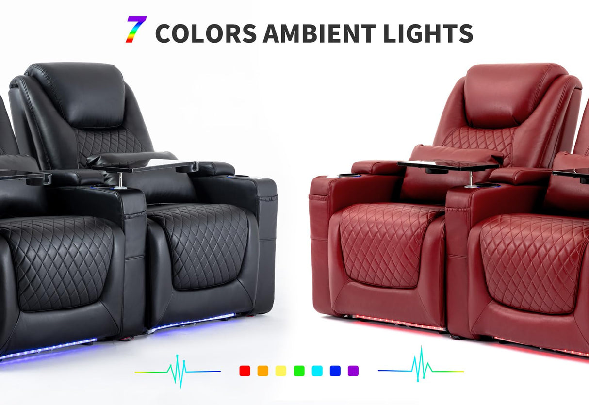Airadlis Home Theater Seating Seats, Theater Recliner Chair Sofa Game Movie Theater Chairs with 7 Colors Ambient Lighting, Lumbar Pillow, Side Pocket, Tray Table, Power Recline, Red Airadlis