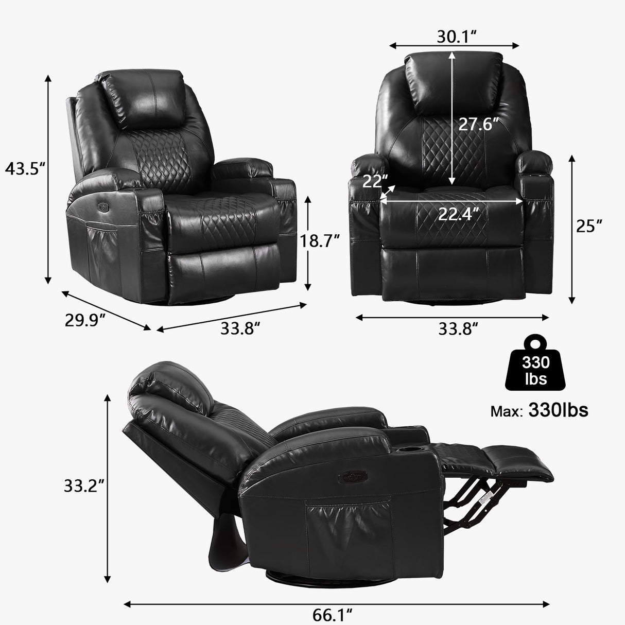 IBTKIG Power Swivel Rocker Recliner Chair with Massage and Heat/LED Lights/USB and Type-C Ports/Infinite Position/Cup Holder, Electric Glider Reclining Sofa for Nursery Living Room (1, Black) IBTKIG