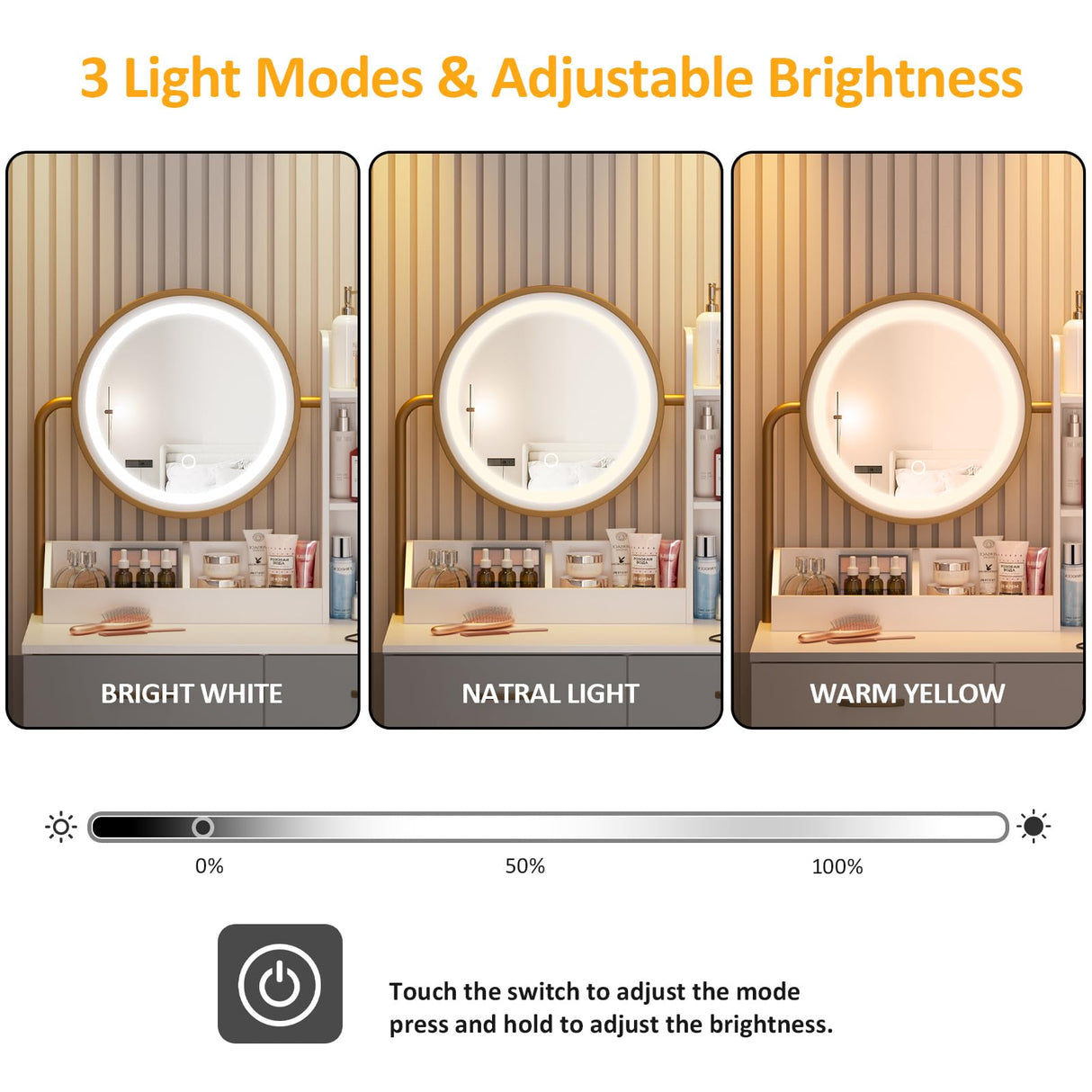 Makeup Vanity with Round Mirror and Lights, White Vanity Makeup Table with Charging Station, Small Vanity Table for Bedroom, 3 Lighting Modes, 31.5in(L) Vabches