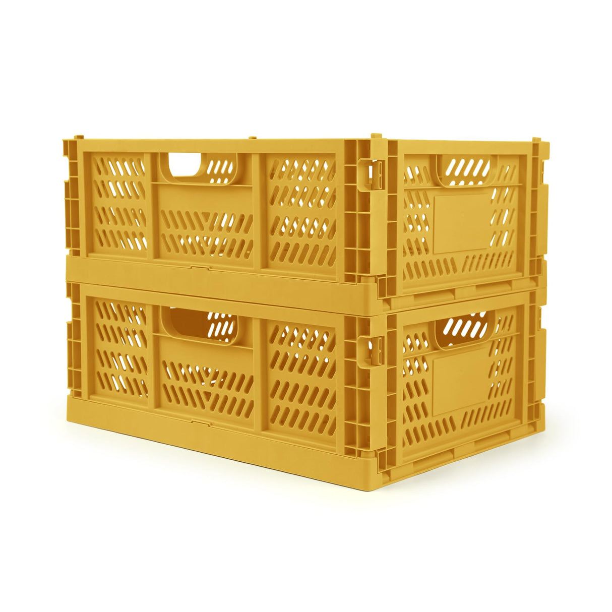 Domiella 2-Pack Crates for Storage, Storage Crates Plastic Stackable, Foldable Crate for Office Home Kitchen Bedroom Bathroom (Large, Golden Yellow) Domiella