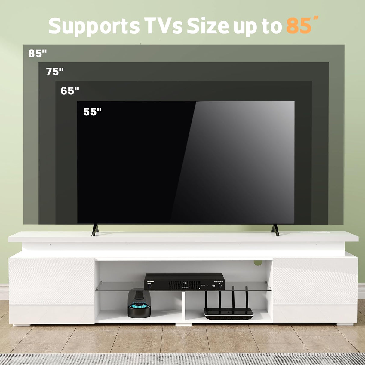 Lamtor TV-Stand for 85 Inch TV - Led TV Stand with Power Outlet, Modern Entertainment Center with Glass Shelf, High Glossy Gaming TV Media Console for Living Room, White Lamtor