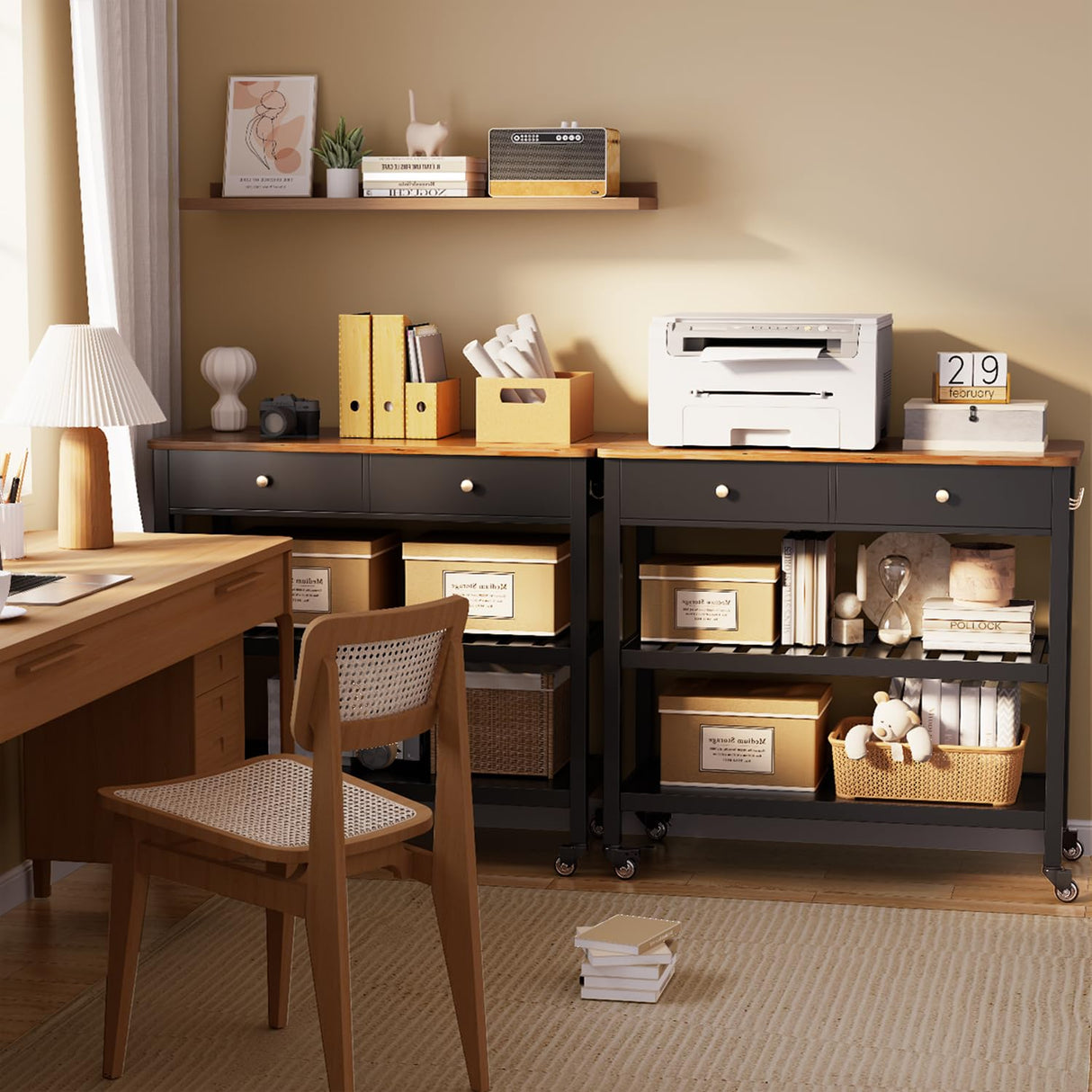 Gizoon Kitchen Island Cart with Storage, 40’’ Wooden Top, 2 Tiers Spacious Shelves and Towel Bar, 2 Drawer Mobile Trolley Cart On Metal Wheels with Hooks for Dining Room, Bar, Outdoor, Black Gizoon