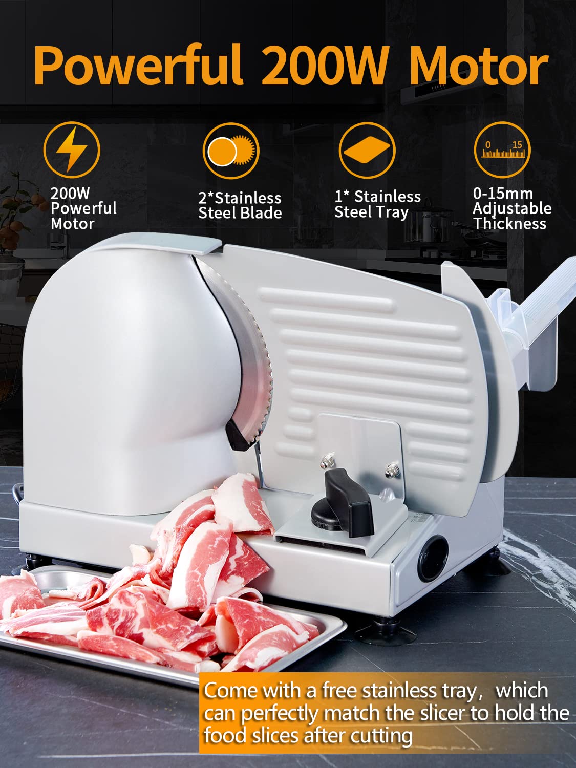 Meat Slicer, 200W Electric Food Slicer with 2 Removable 7.5" Stainless Steel Blades and Stainless Steel Tray, Child Lock Protection, Adjustable Thickness, Food Slicer Machine for Meat Cheese Bread Borlebbi