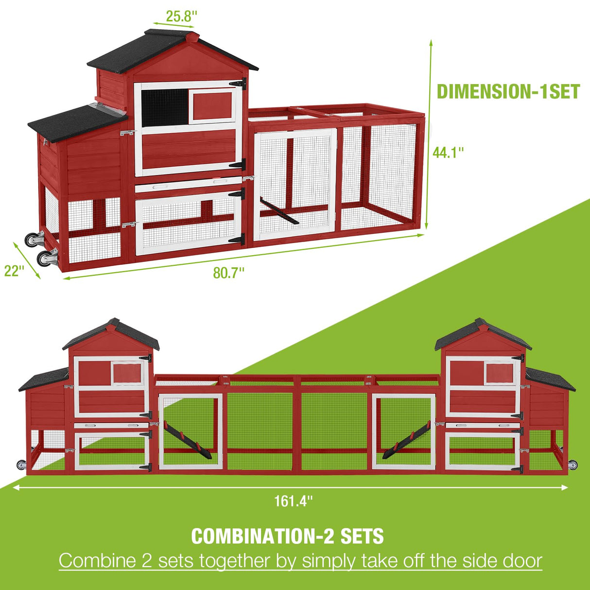 GUTINNEEN Chicken Coop Mobile Hen House On Wheels Easy to Move Wooden Poultry Cage with Nesting Box,Opening Wire Netting Roof,Red GUTINNEEN