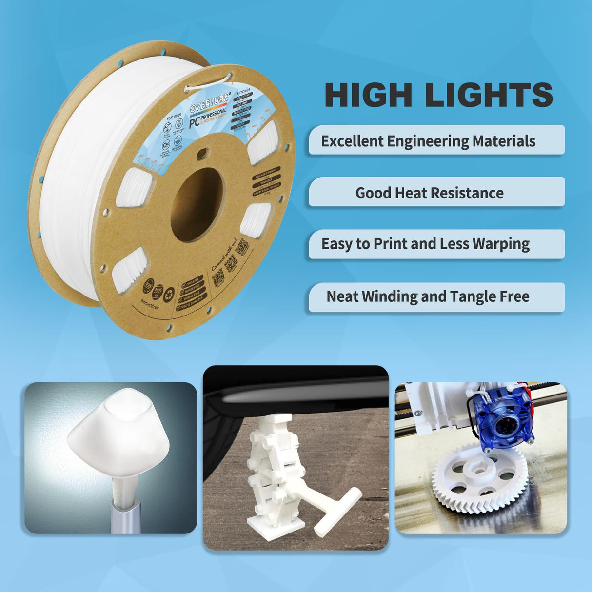 OVERTURE Tough PC Professional Filament, Cardboard Spool, 1kg(2.2lbs), Dimensional Accuracy Probability +/- 0.02mm, Fit Most FDM Printer (White) OVERTURE