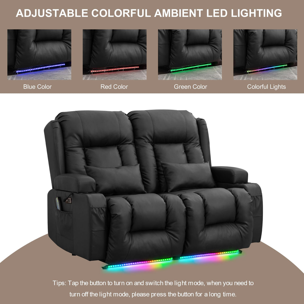 TUNYI Power Loveseat Recliner Sofa - Home Theater Seating with Massage & Heat Faux Leather RV Recliner Loveseat Sofa with USB/Cup Holder/Side Pocket/LED Light/Pillow (Black) TUNYI