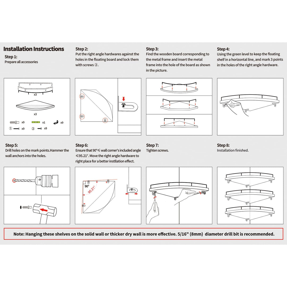 HORLIMER Floating Corner Shelf Wall Mount, 3 Pack Rustic Wood Corner Wall Shelves with Fence for Bedroom, Bathroom, Kitchen, Living Room, Brown HORLIMER