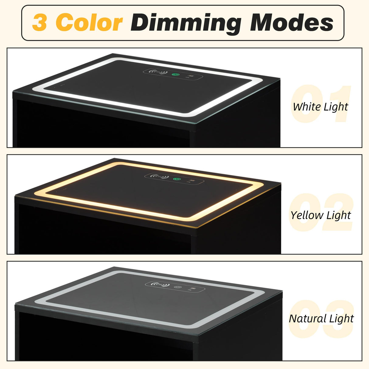 EROMMY LED Nightstand with Wireless Charging Station, Smart Night Stand with Color Adjustable Brightness Lights, Touch Screen Bedside Table with Glass Top, Drawers, Side Table for Bedroom EROMMY