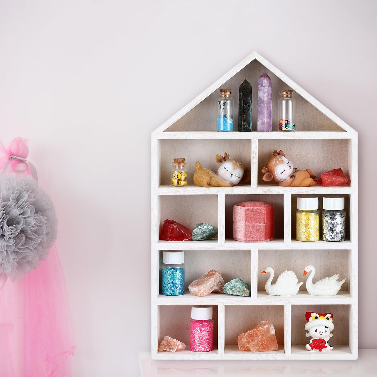 Threehoney House Shaped Wooden Shadow Cubby Box 10 W x 2 1/4 D x 15 H Hanging Display Shelf Organizer Wall Mounted Curio Cabinet Wooden Display Case Miniature Shelf for Figures(Wood Color) Threehoney