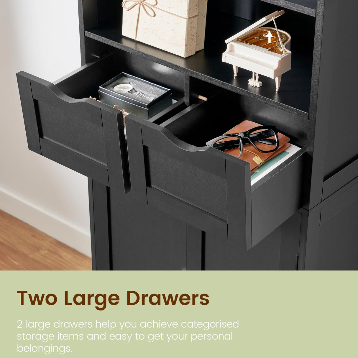 Iwell Tall Bathroom Cabinet, Storage Cabinet with 2 Drawers & Adjustable Shelves, Bathroom Storage Cabinet for Living Room, Dining Room, Entryway, Black Iwell