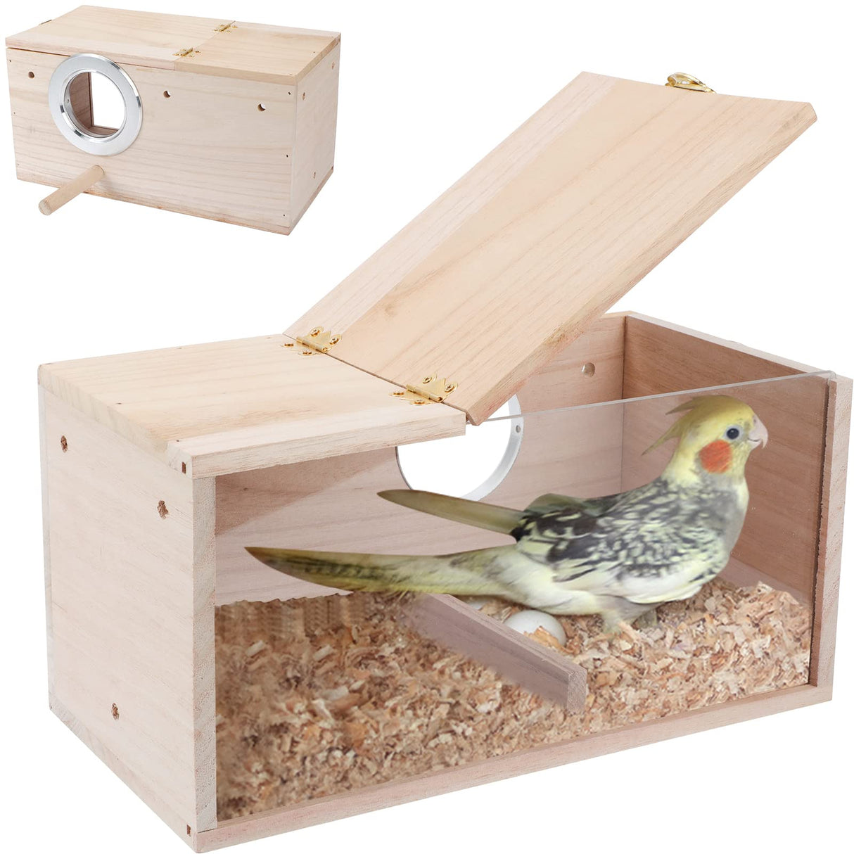 GINDOOR Parakeet Nesting Box Transparent Bird House for Cage Natural Wood Breeding Box for Parrot Parakeet Cockatiel Lovebirds Budgie Conure and Other Small Birds GINDOOR