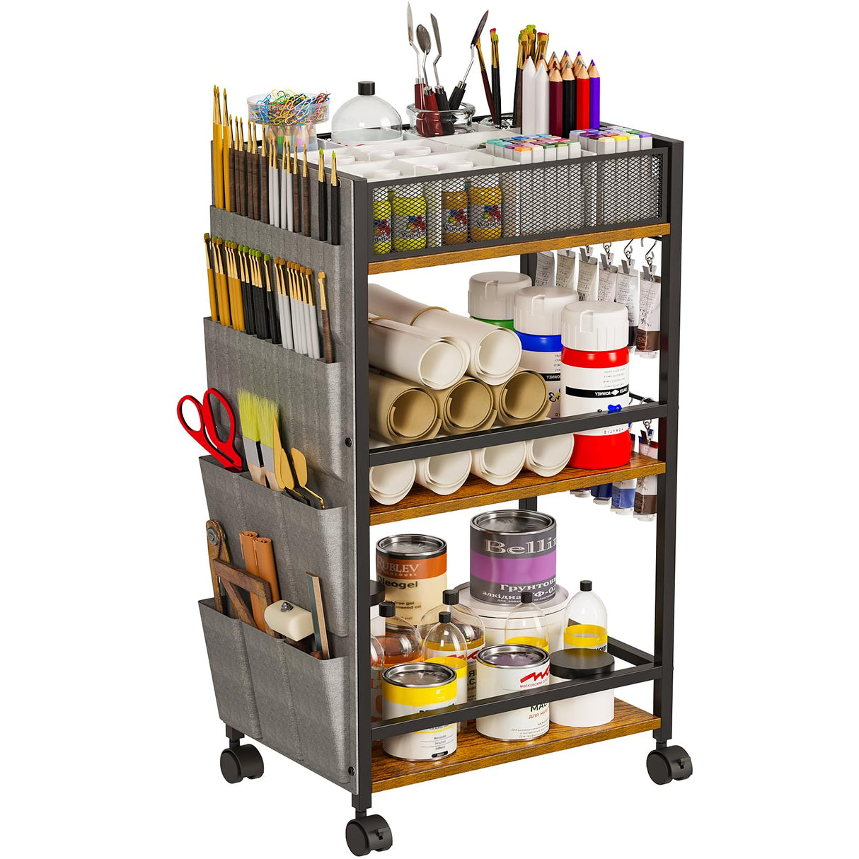 3 Tier Rolling Craft Cart & Art Cart | Side Partitioned Paint Brush Holder | Art Supply Storage Organizer with Wheels | Rolling Storage Cart for Standing Desk, Drawing & Craft Room, DIY Workshop,Gift Eyteenokk