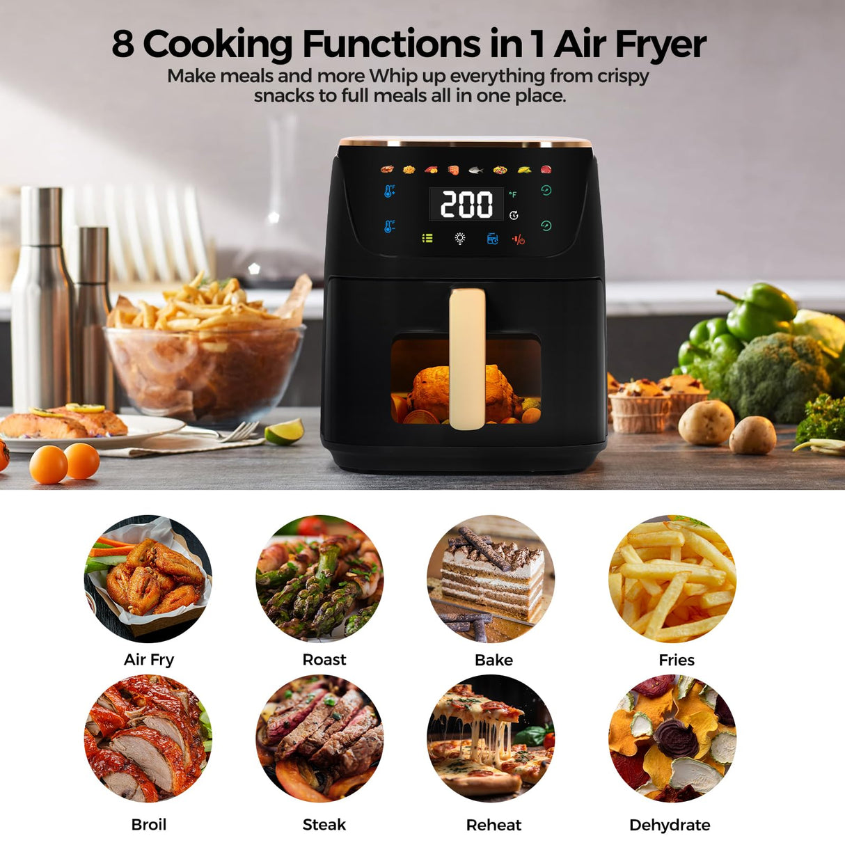 Panana 8QT Large Air Fryer Compact, 8 Preset Menus Airfryer, One-Touch Digital Control Presets, Touchscreen Display, Dishwasher Safe, Nonstick, Fit for Family (Black) Panana