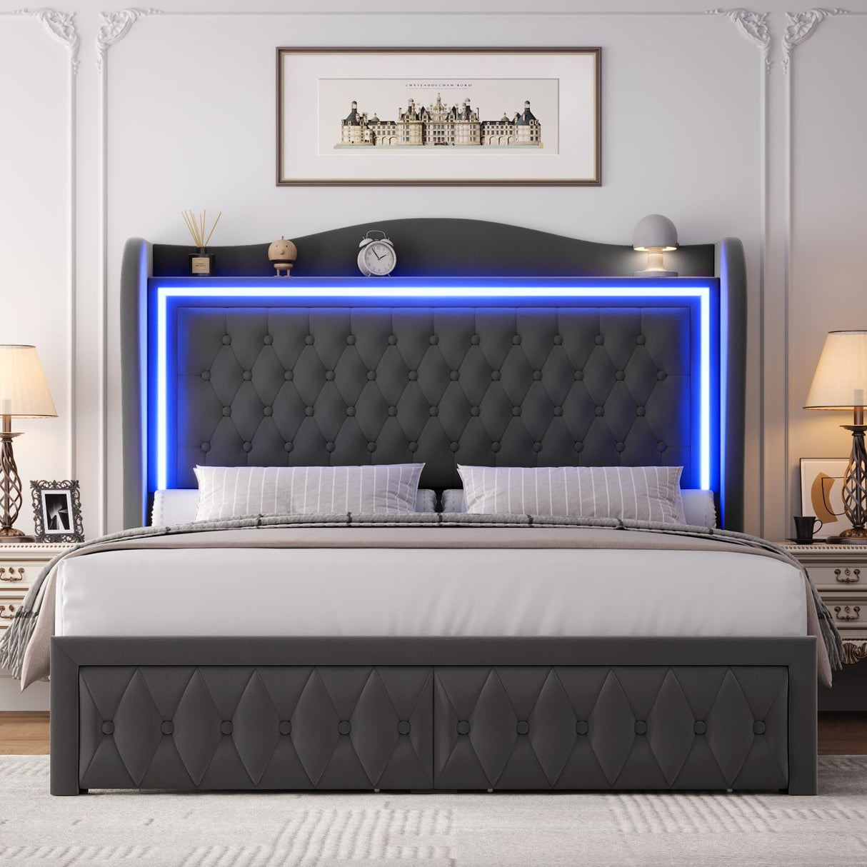 Queen Bed Frame 55" Tall Headboard with LED Lights, Buttons Tufted Velvet Upholstered Platform Bed Frame with 2 Storage Drawers, Wood Slats Support Mattress Foundation, No Box Spring Needed, Grey Keyluv