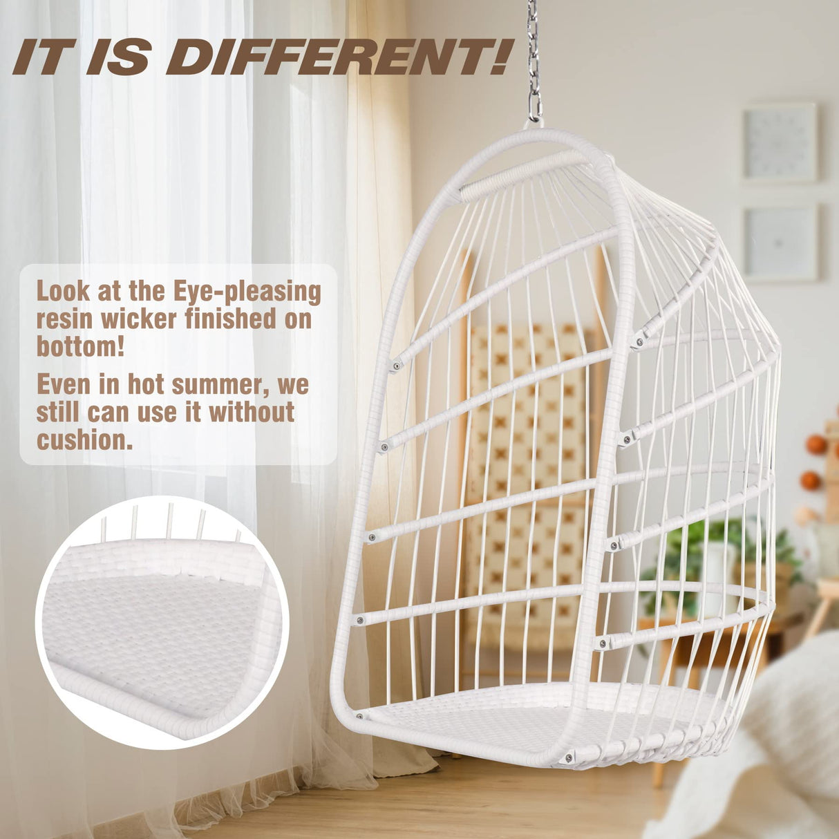 Chihee Egg Chair Foldable Wicker Rattan Hanging Chair Swing Chair Indoor Outdoor Patio Wicker Chair Hammock Chair with Stainless Steel Hanging Kit Chain Link UV Resistant Cushion Bedroom Balcony Chihee